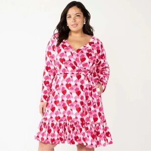 NWT! Draper James Heart Print Long Sleeve Faux Wrap Tiered Rayon Dress Sz 1X